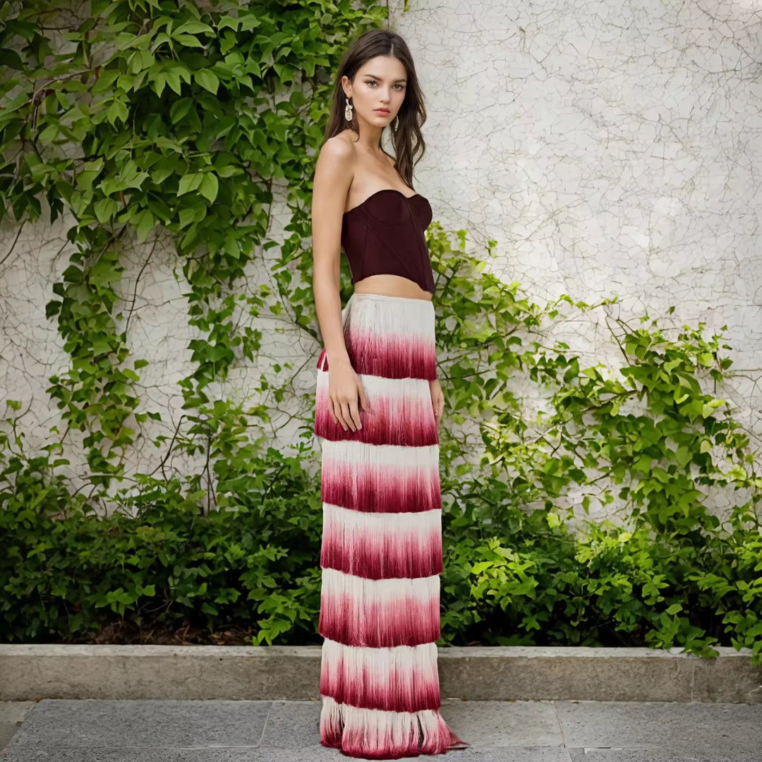 Elegant Summer Sets Wine Red Corset Top Gradient Fringe Evening Dress Two Piece Set