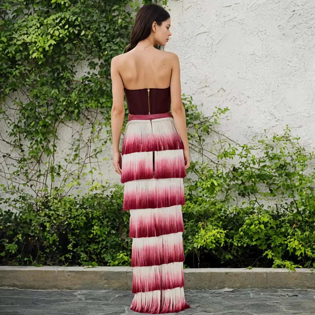 Elegant Summer Sets Wine Red Corset Top Gradient Fringe Evening Dress Two Piece Set