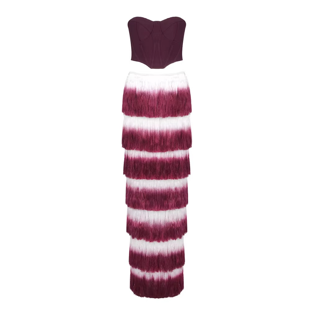 Elegant Summer Sets Wine Red Corset Top Gradient Fringe Evening Dress Two Piece Set