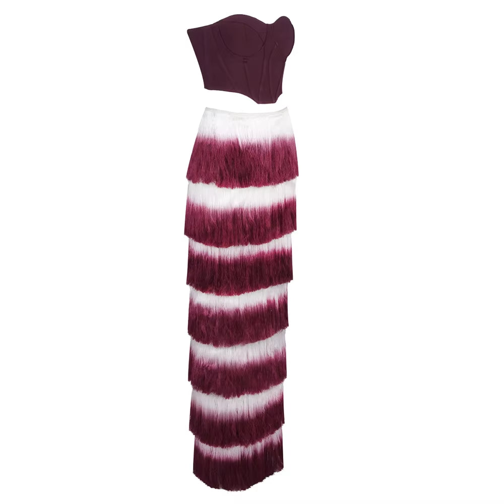 Elegant Summer Sets Wine Red Corset Top Gradient Fringe Evening Dress Two Piece Set