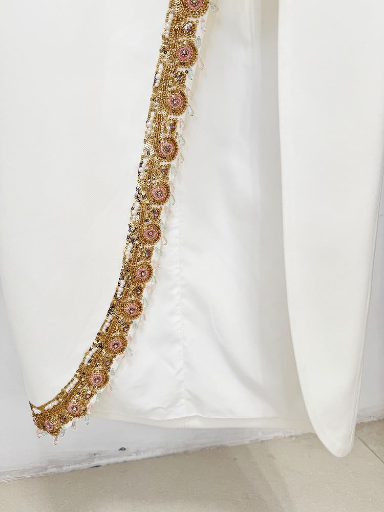 High Neck Long Sleeve Gold Floral Beaded Two Piece Maxi Skirt Set