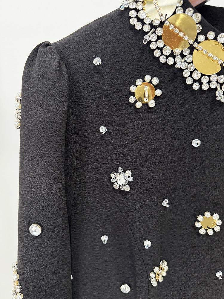 Womens Clothing Factory Luxury Women Stylish Black Party Dress Long Sleeve Gold Circular Sequin Beaded Evening Dresses Gown