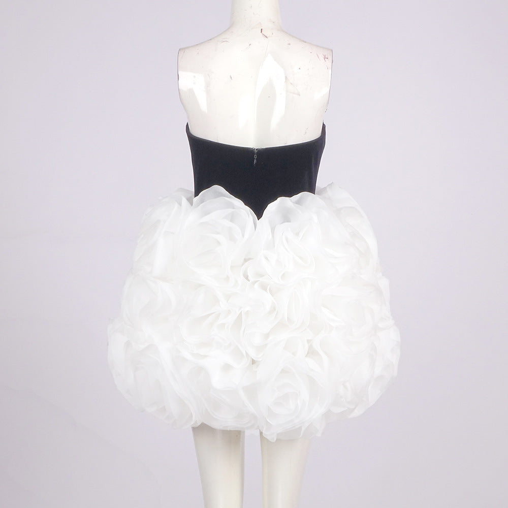 Womens Elegant Black Strapless White Floral Ruffle Mini Prom Dress Elegant Club Evening Party Dresses Cocktail Gown