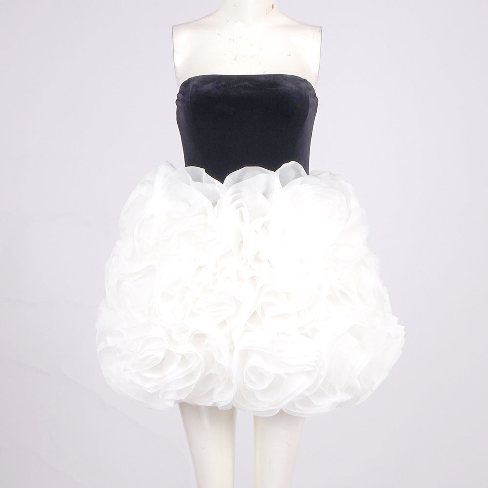 Womens Elegant Black Strapless White Floral Ruffle Mini Prom Dress Elegant Club Evening Party Dresses Cocktail Gown