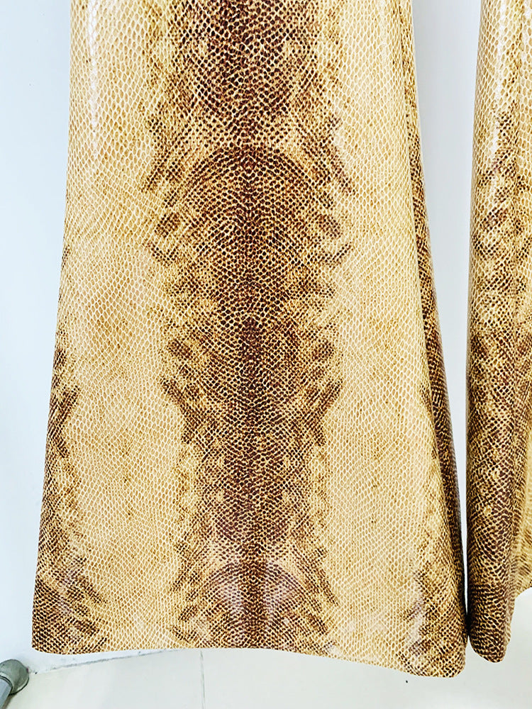 Gold Snake Print Long Sleeve Jacket Flared Pants Two Piece Set