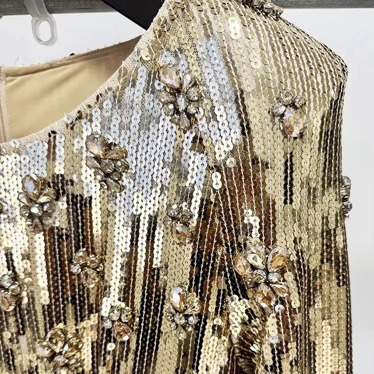 Luxury Sequin Beaded Dress Golden Evening Dresses Women Gold Long Gown for Party
