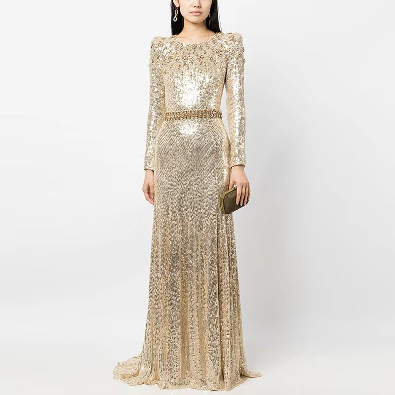 Luxury Sequin Beaded Dress Golden Evening Dresses Women Gold Long Gown for Party
