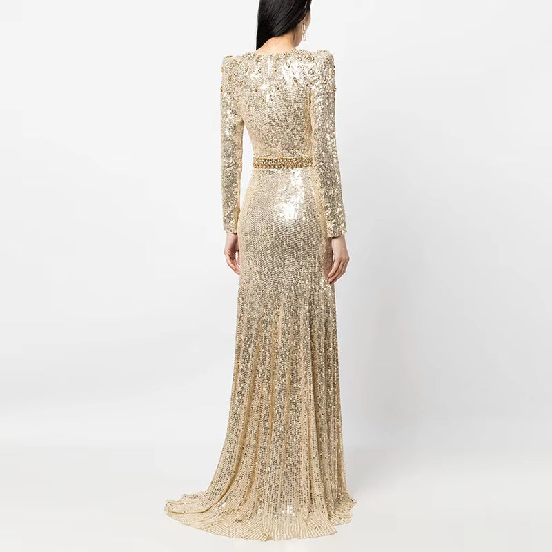 Luxury Sequin Beaded Dress Golden Evening Dresses Women Gold Long Gown for Party