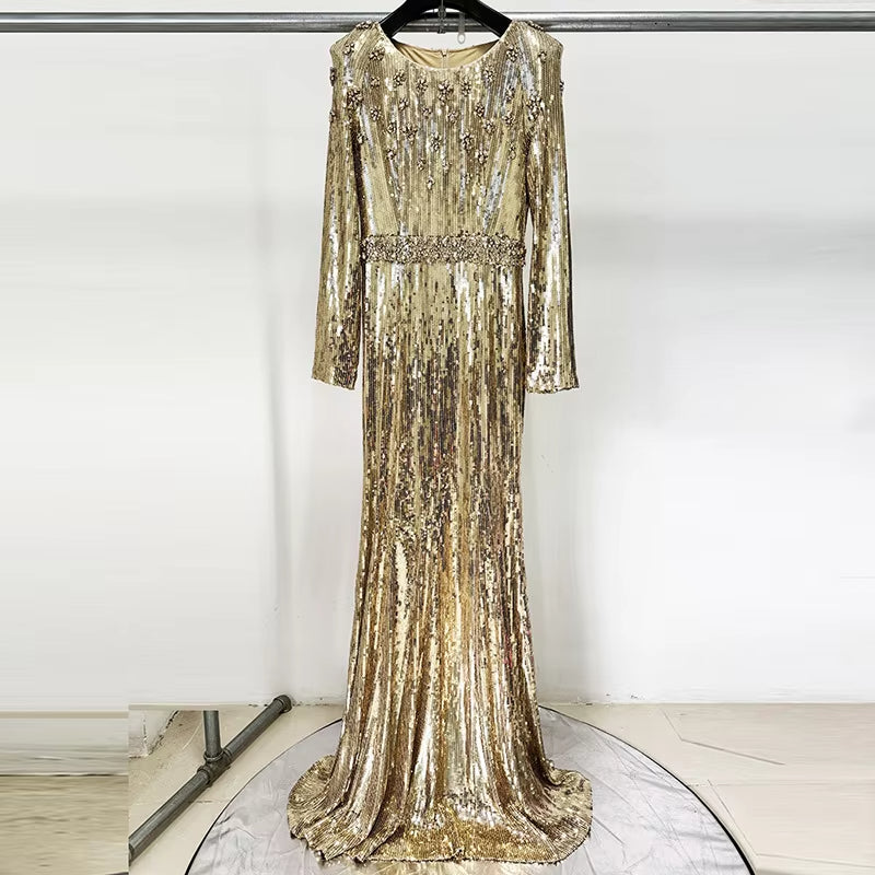 Luxury Sequin Beaded Dress Golden Evening Dresses Women Gold Long Gown for Party