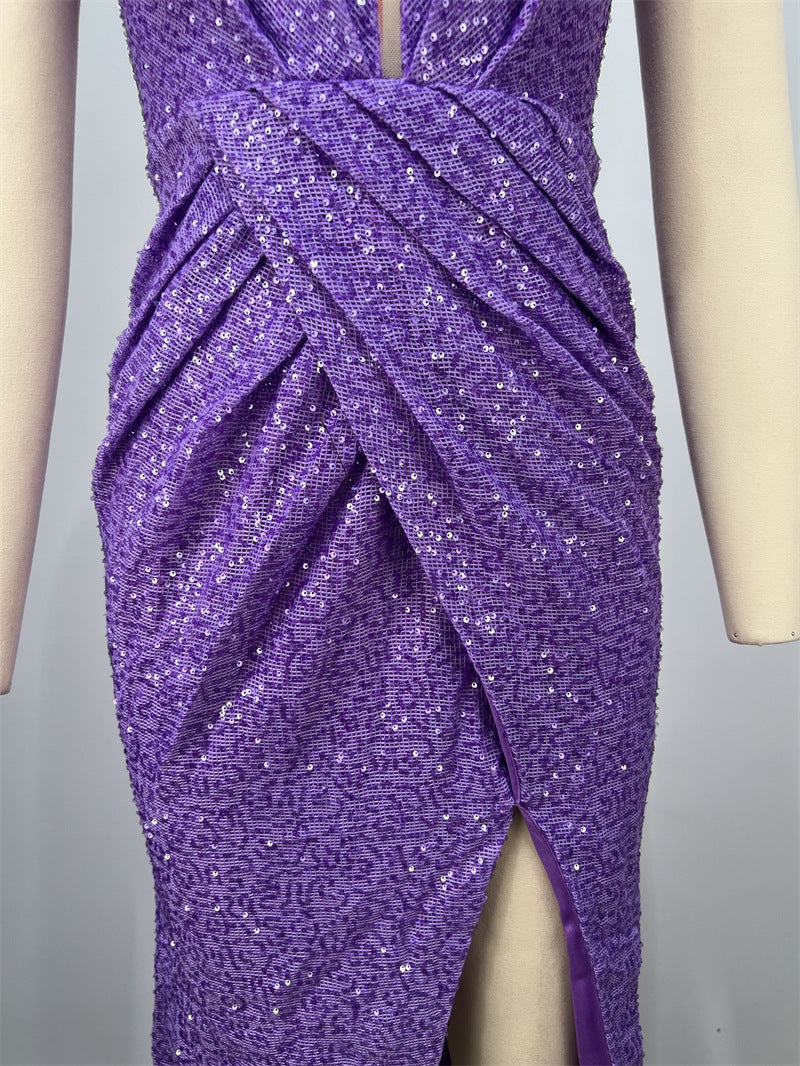 Purple Sequin Halter Evening Gown