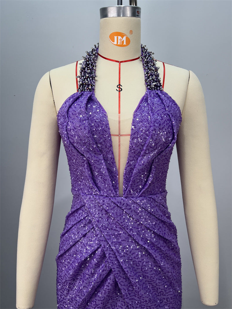 Purple Sequin Halter Evening Gown