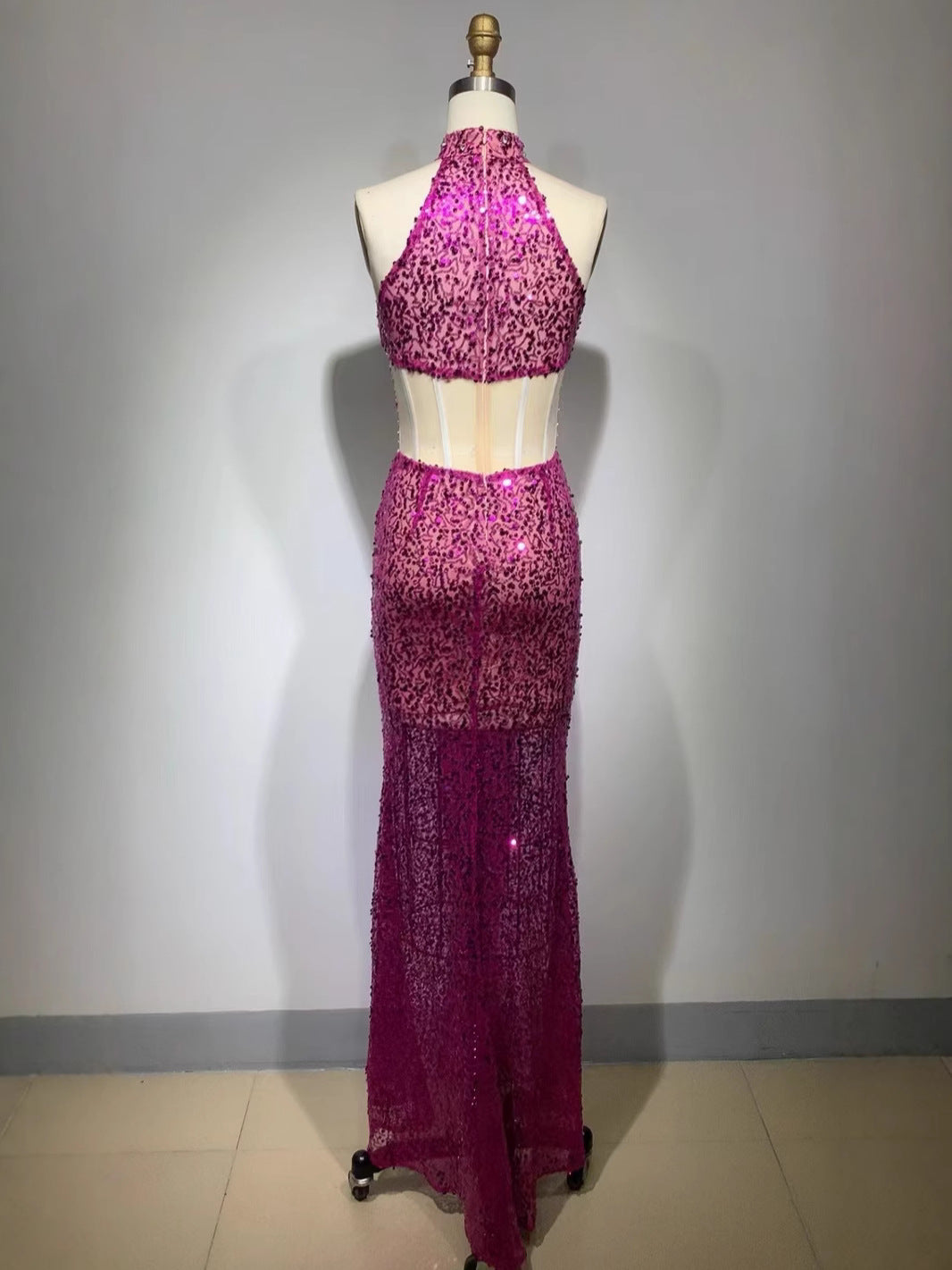 Pink Sequined Halter Mermaid Maxi Dress