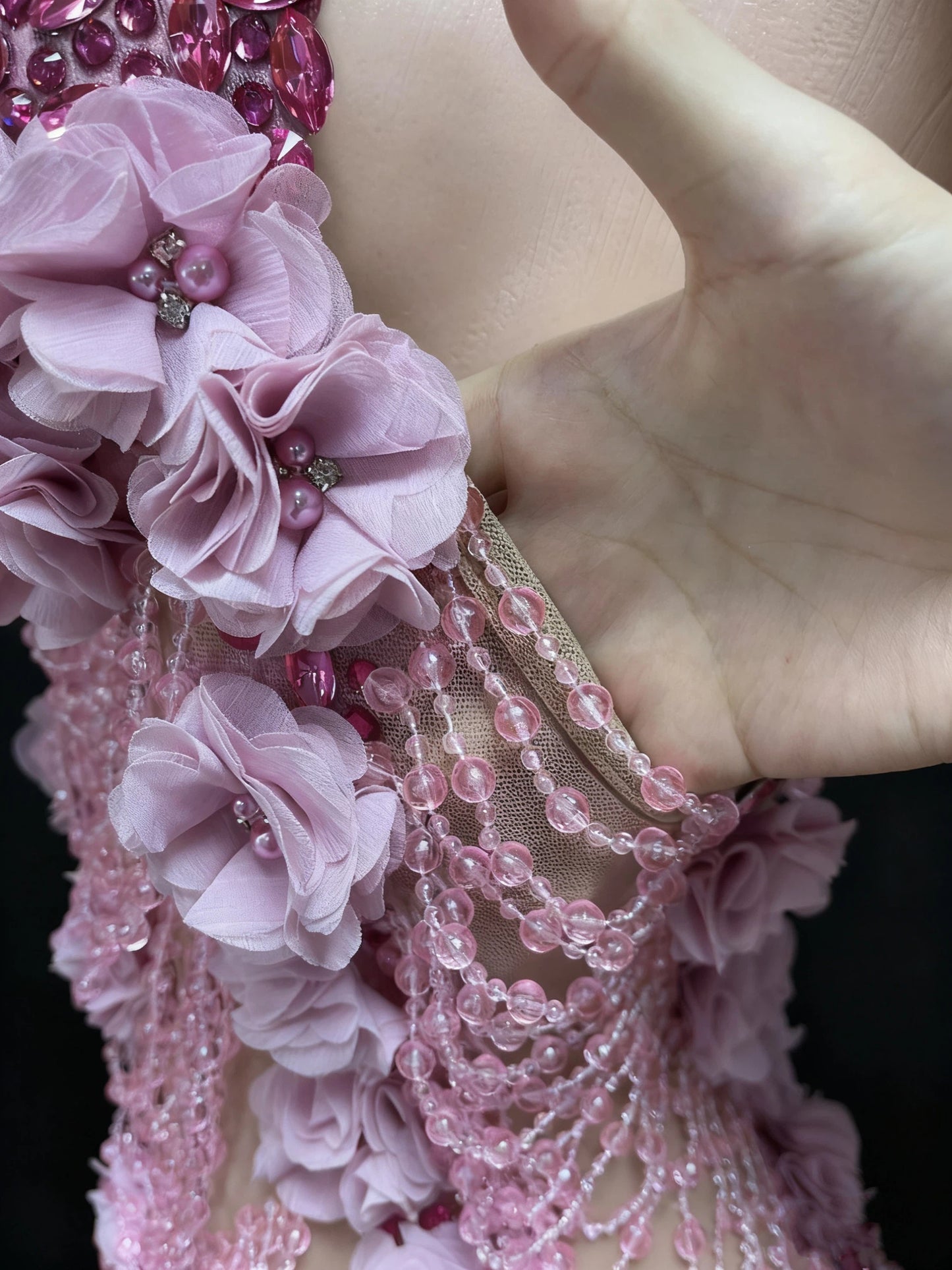 3D Pink Floral Beaded Mini Dress