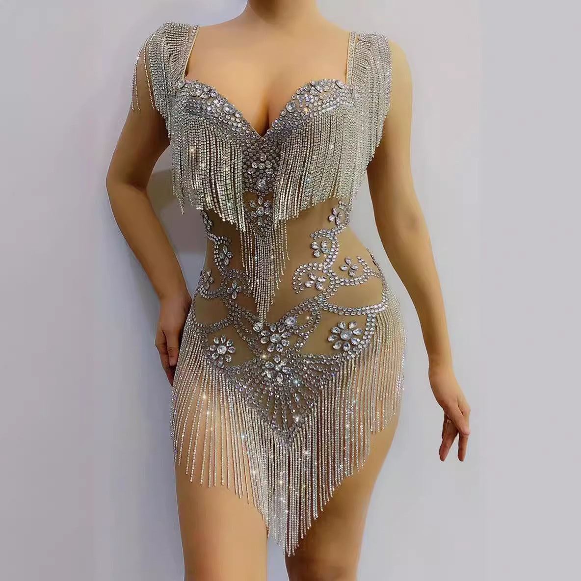 Sexy Silver Rhinestone Fringe Mini Dress