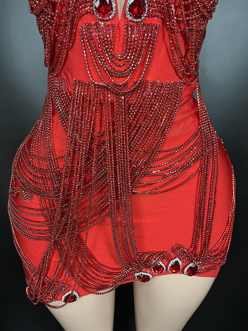 Sexy Red Crystal Rhinestone Fringe Mini Dress