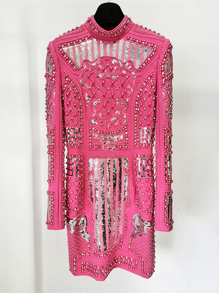 Beaded Pearl Sequin Pink Mini Club Dresses