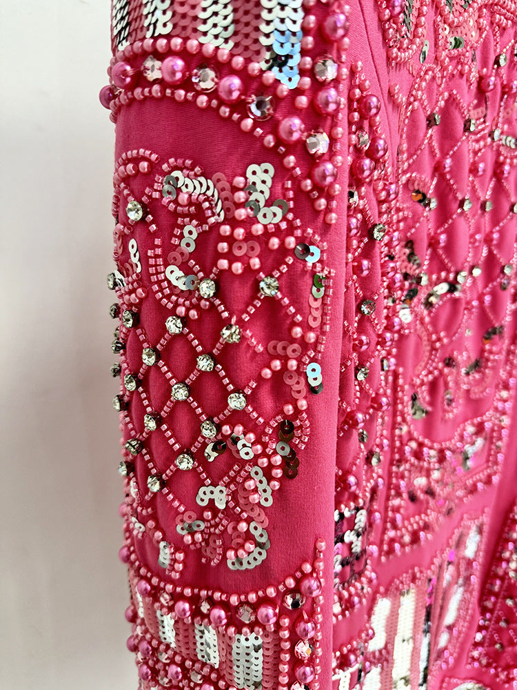 Beaded Pearl Sequin Pink Mini Club Dresses