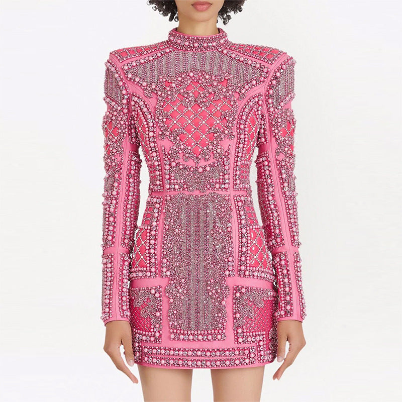 Beaded Pearl Sequin Pink Mini Club Dresses