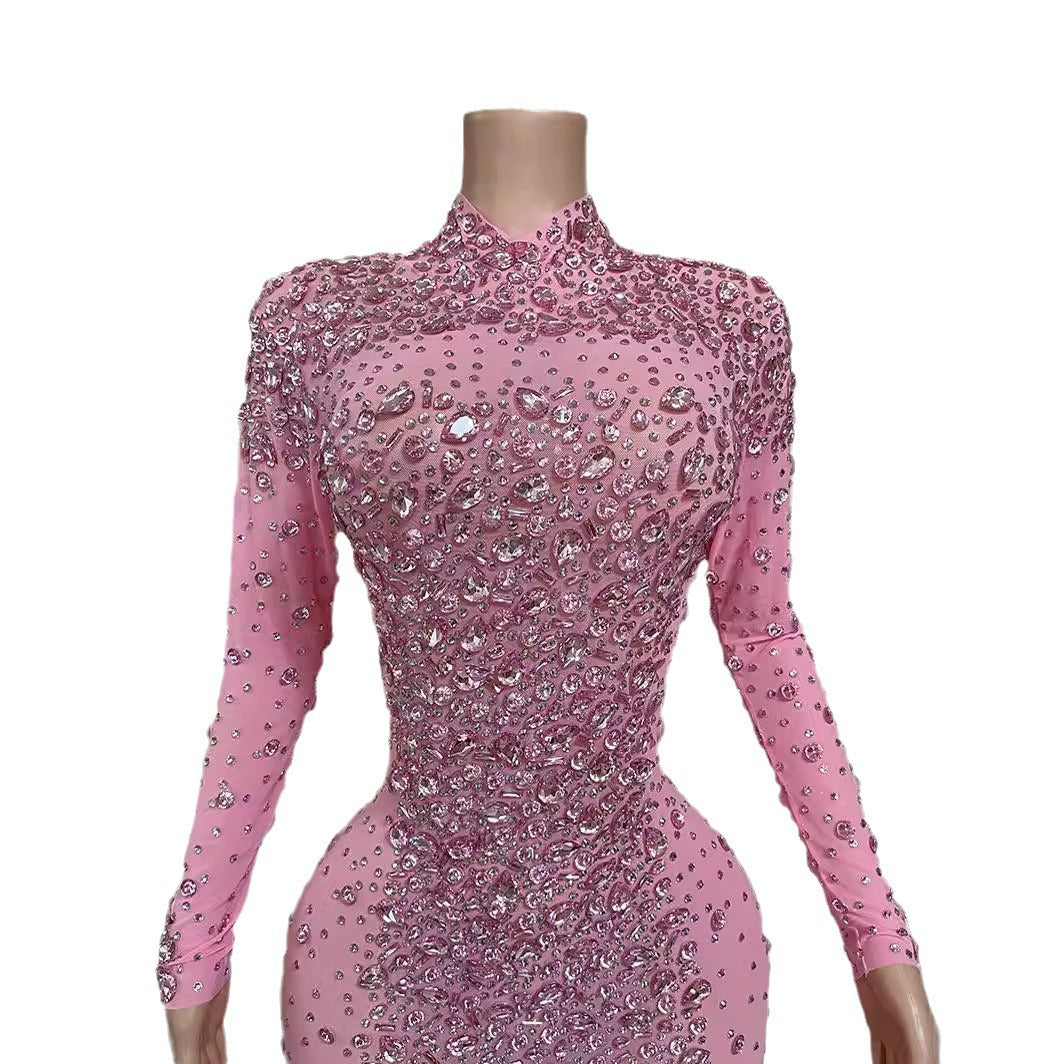 Pink Feather Crystal Evening Dress