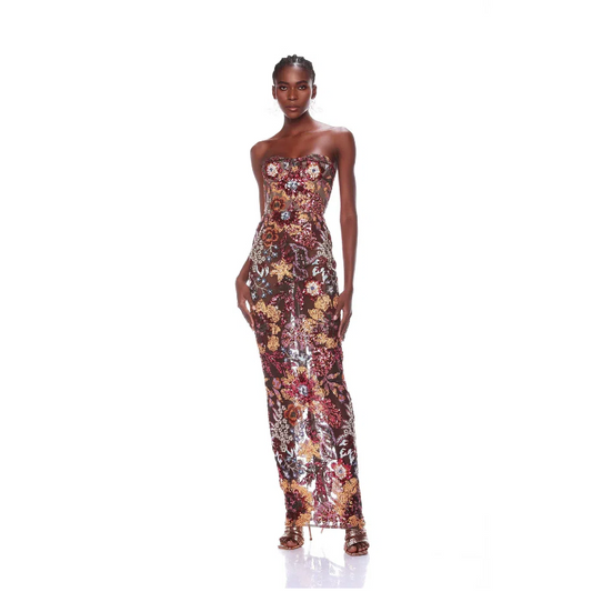 Floral Embroidery Sequined Mesh Evening Gown