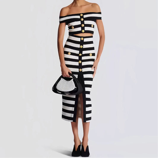 Black White Striped Two Piece Set
