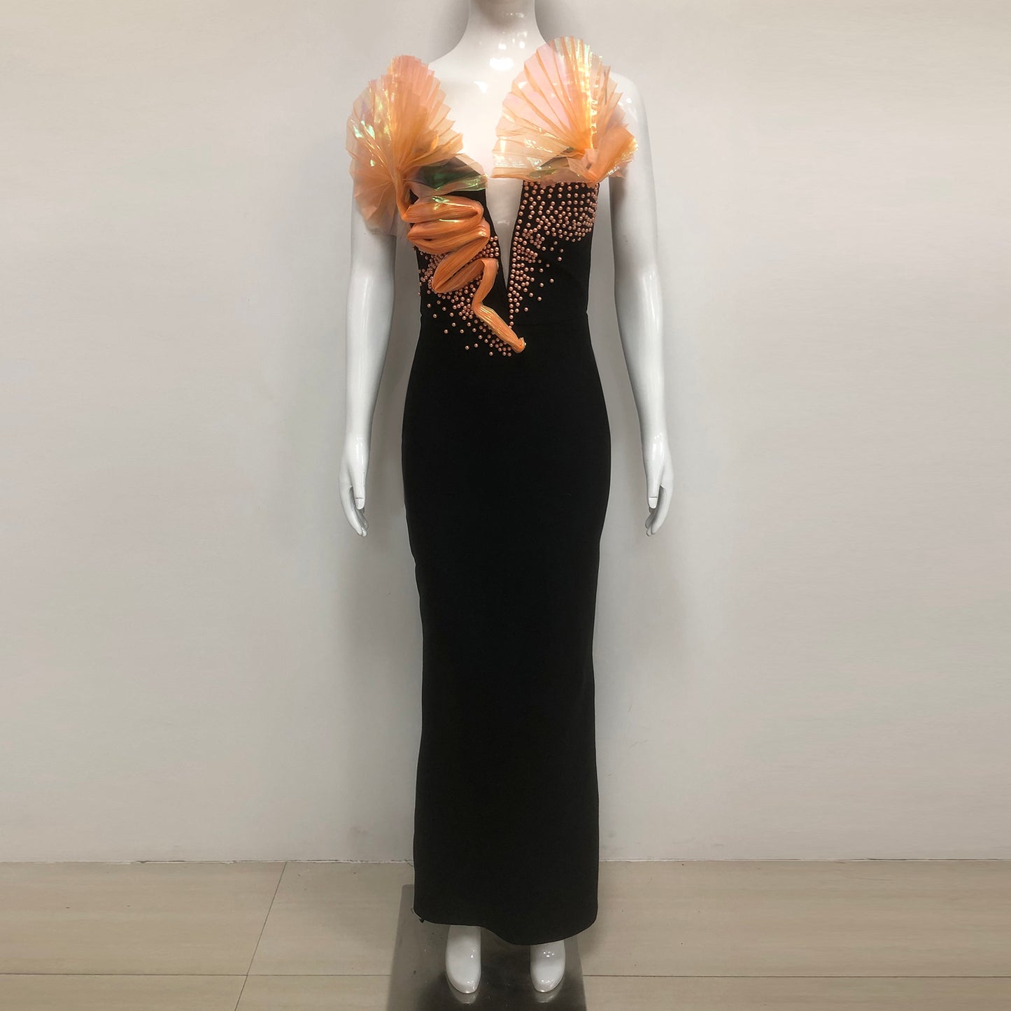 3D Fan Strapless Black Evening Dresses