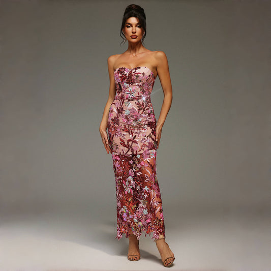 Floral Sequins Sheer Embroidered Dress