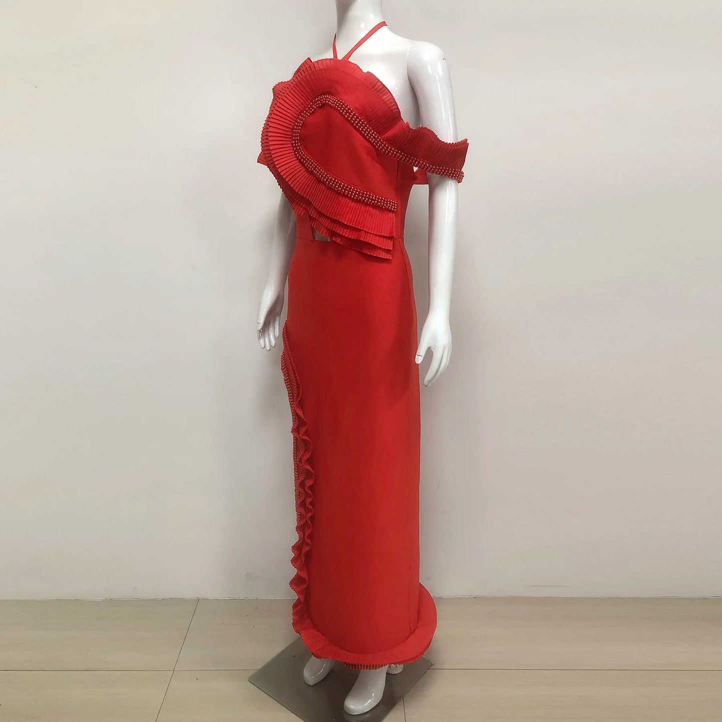 High Quality Party Dress Luxury Ruffle Long Bodycon Backless Red Dress Fashion Show Set Women Elegant Gown Evening Dress