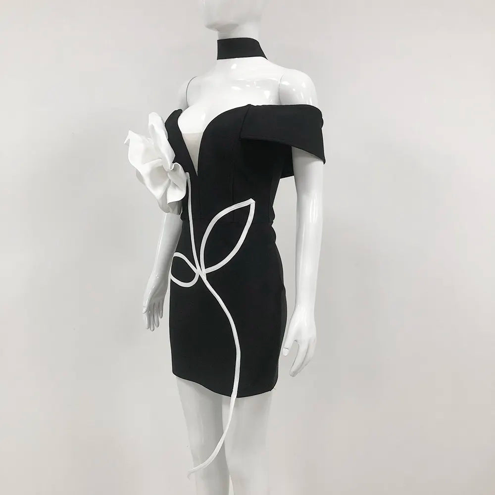 Wholesale Elegant Women Luxury Black Mini Bandage Evening Gown Short Party Wear Chic Big Flower Dress