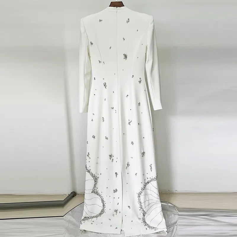High quality custom made women's clothing manufacturing heavy duty beaded rhinestones long party dress luxury floor length white evening gown