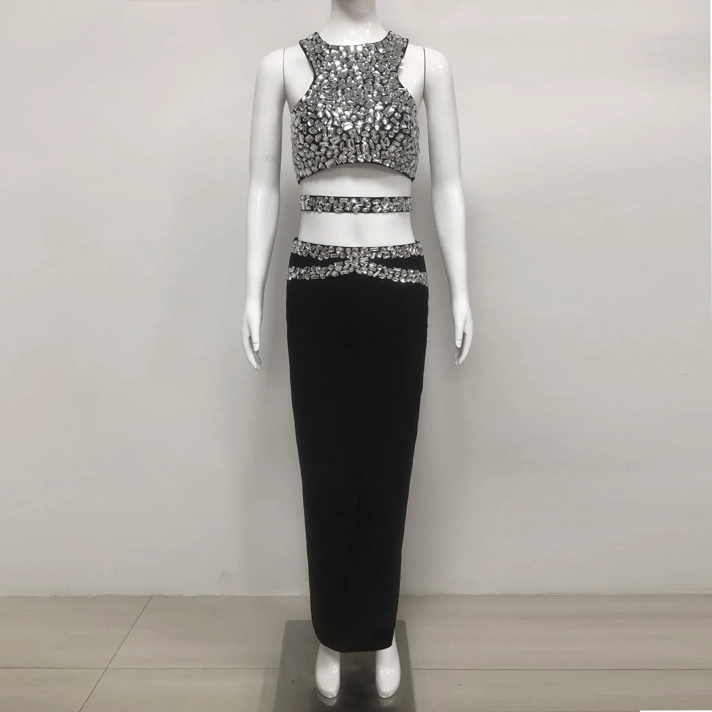 Popular products 2025 new arrival women's party wear rhinestone skirt suit short top long skirt 2 piece suit women's summer suit