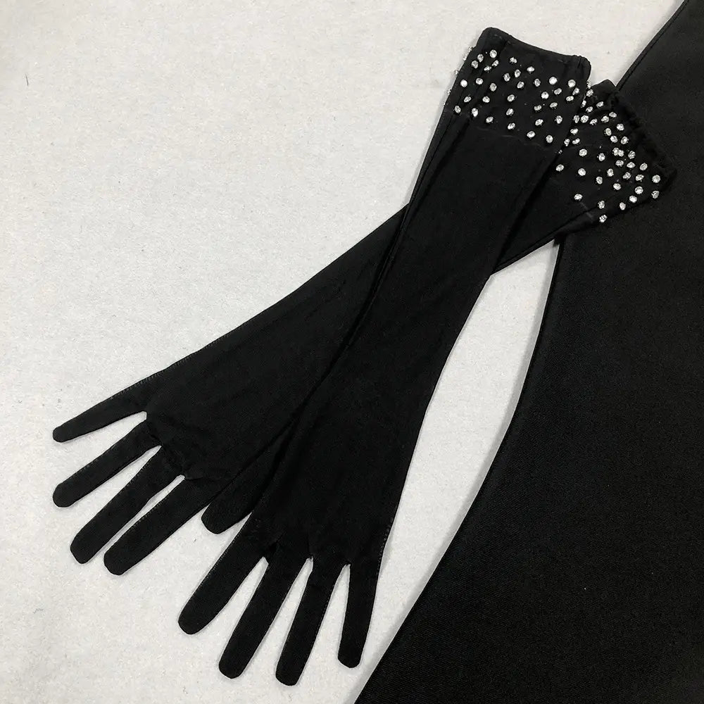 Custom Design Women Rhinestone Birthday Party Wear Black Long Bandage Gown Nightgown Maxi Dress With Gloves Evening Dress