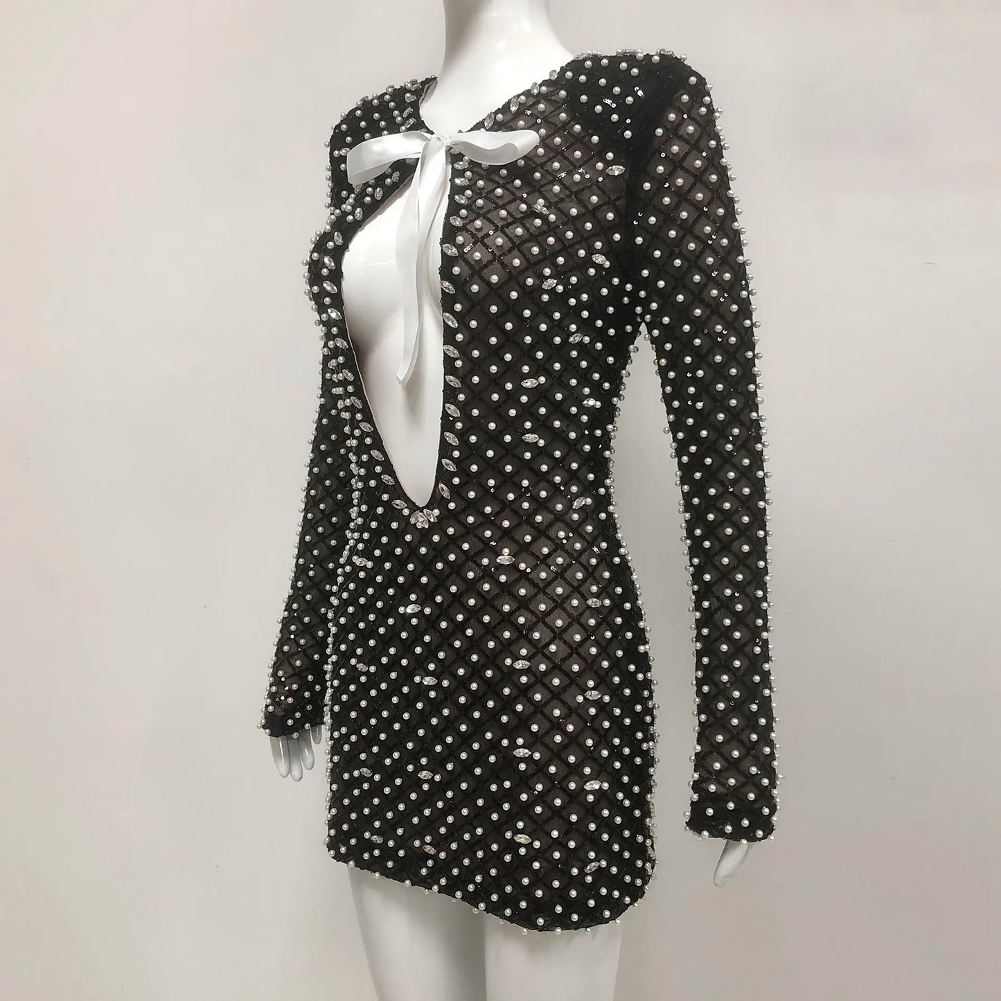 OEM factory custom clothing women pearl sequin black mini dress cut short party wear club wear women sexy