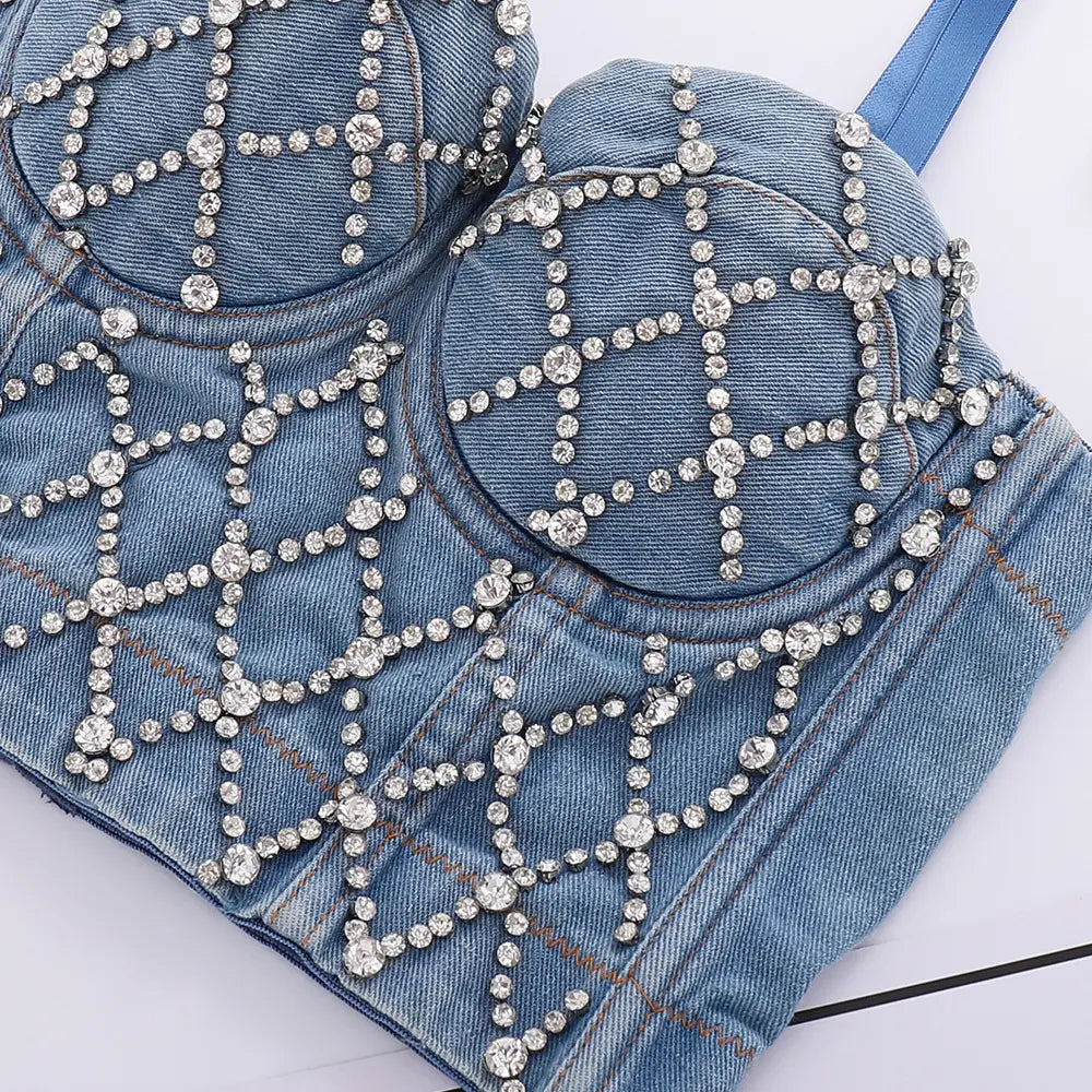 Wholesale women's custom diamond denim corset rhinestone corset cropped denim camisole top