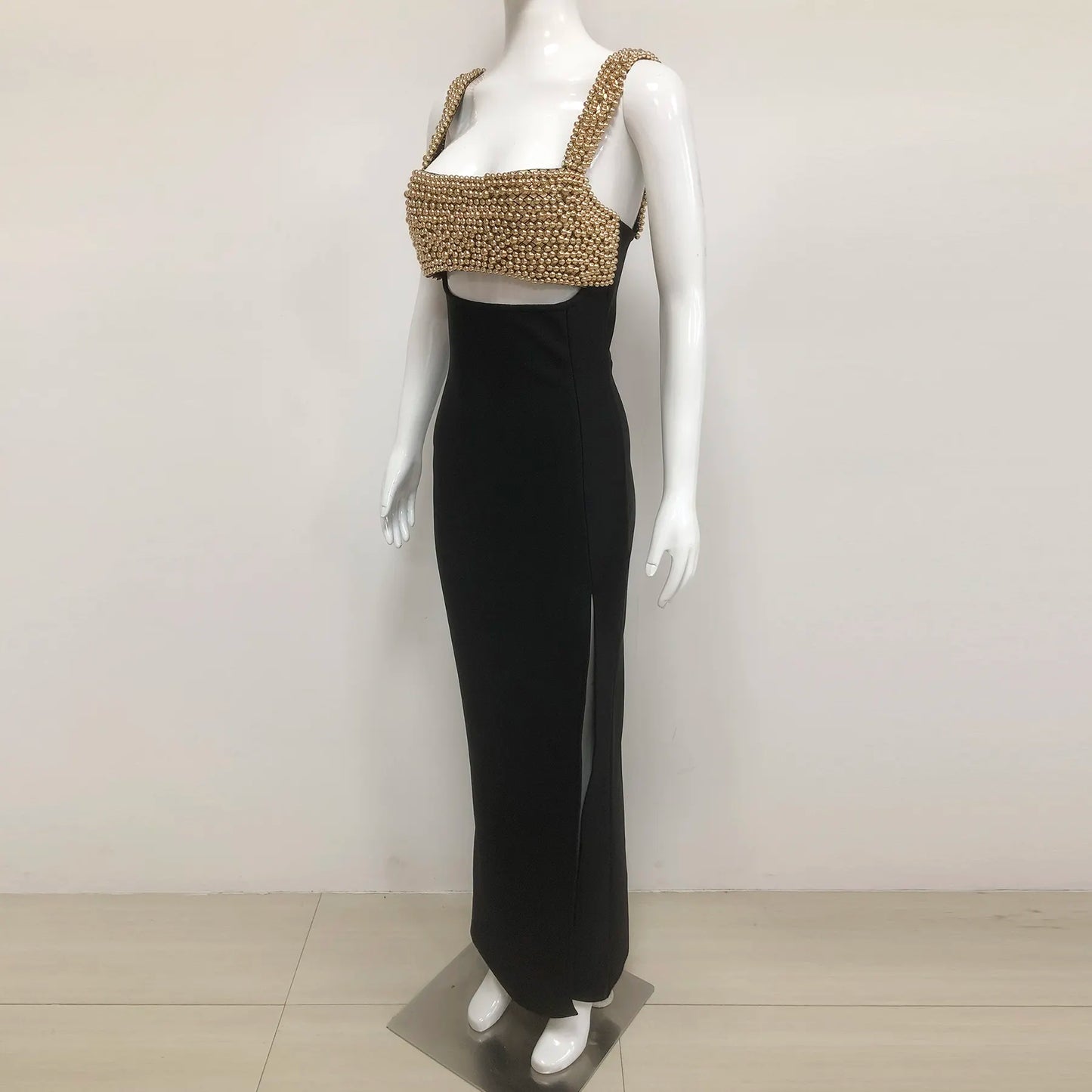 Elegant women's long dress sparkling party bandage dress luxury evening dress gold beaded black evening gown