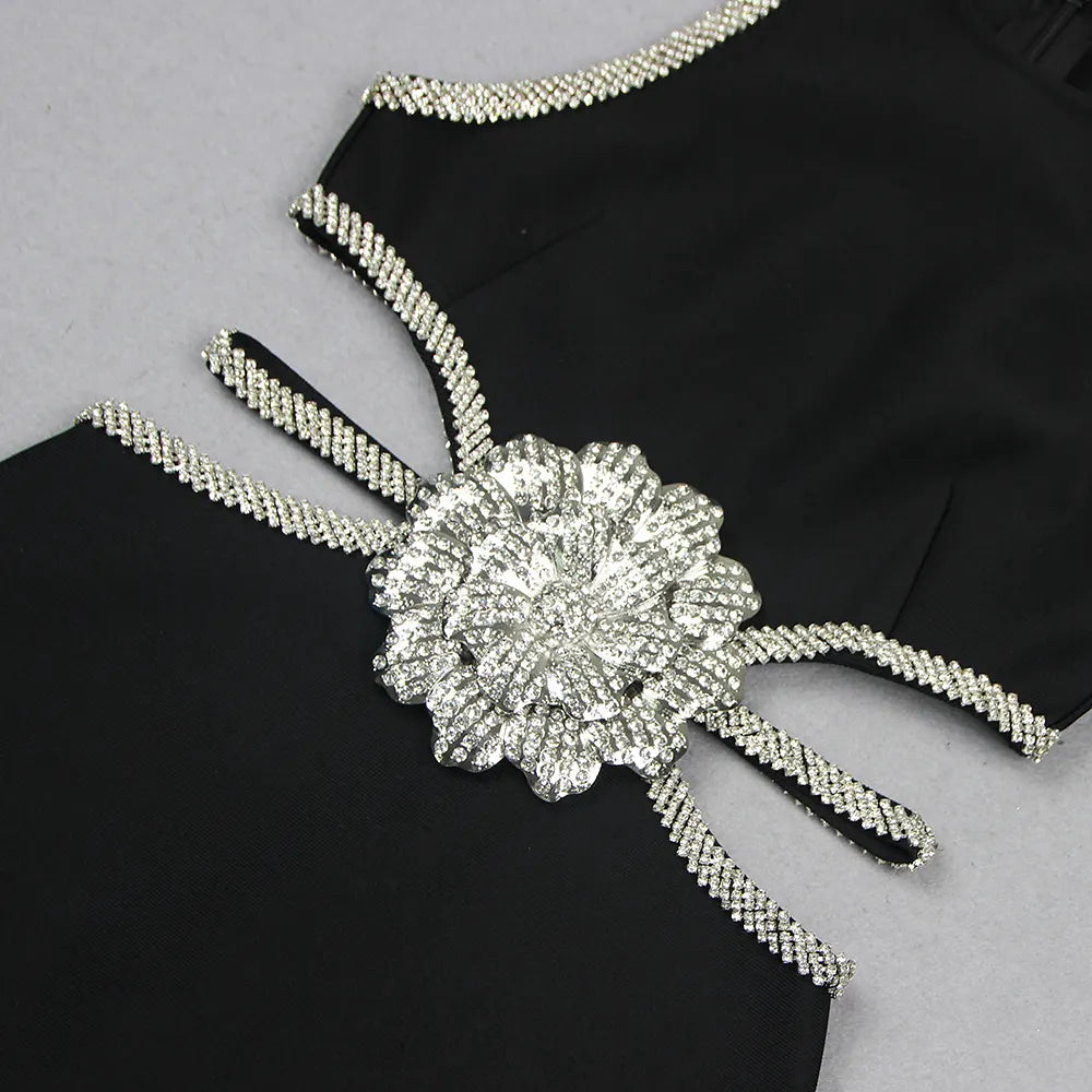 Fashion Sexy Women's Short Party Dress Sleeveless Black Mini Evening Dress Luxury Club Dress Rhinestone Floral