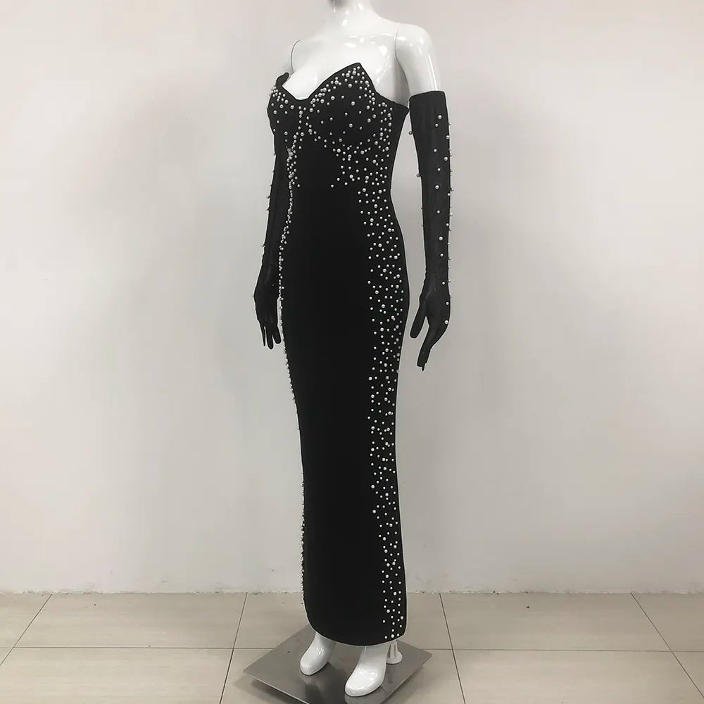 Custom made women dresses ladies elegant luxury black long formal party maxi dress diamond gown ladies evening dress
