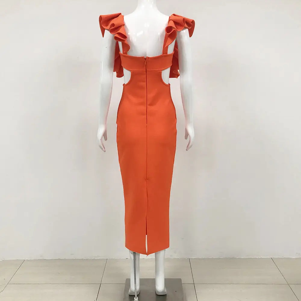 Wholesale Dropshipping Elegant Evening Dress Orange Bandage Dress Party Wear Luxury Women Ruffle Sleeve Evening Dress
