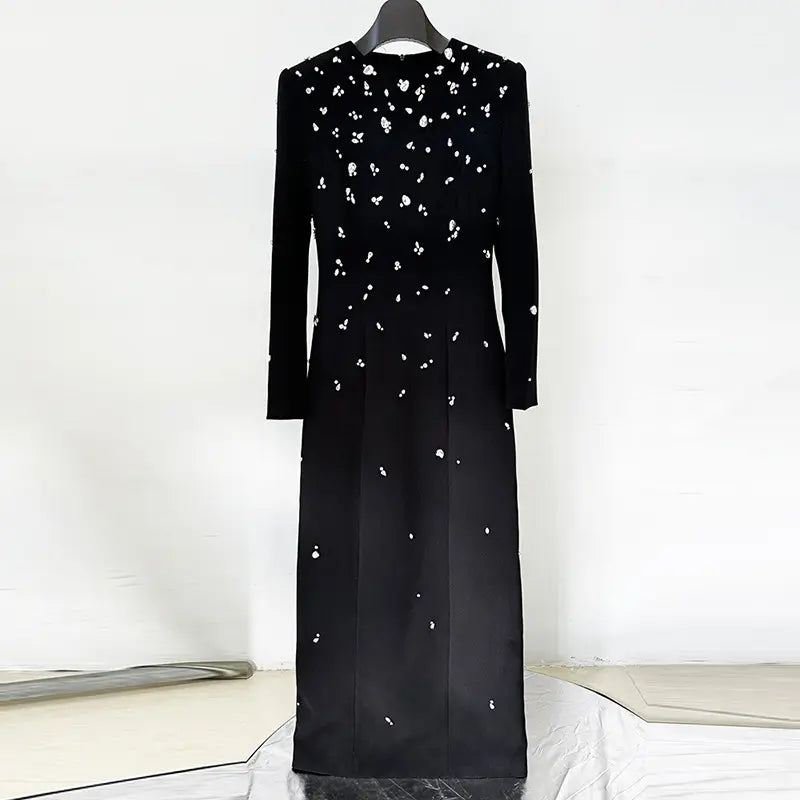 Wholesale Elegant Beaded Diamond Dress Long Sleeve Floor Standing Black Rhinestone Evening Dress
