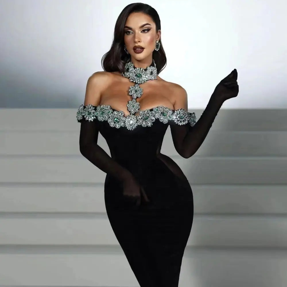 2024 New Trend Evening Dresses Women Party Wear Elegant High Form Rhinestone Bandage Dress With Gloves