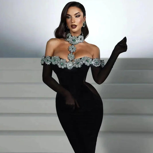 2024 New Trend Evening Dresses Women Party Wear Elegant High Form Rhinestone Bandage Dress With Gloves