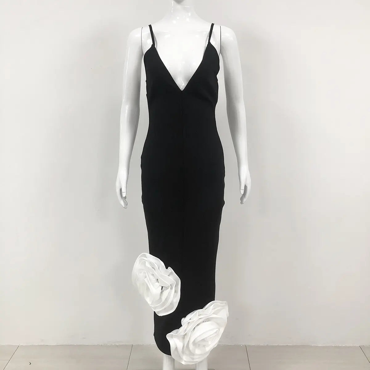 Custom high quality summer fashion elegant nightgown stylish women black deep v neck spaghetti strap 3d flower bandage dress