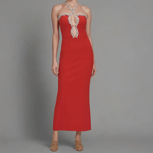 Wholesale elegant women dress 2025 luxury quality party evening dress novelty halter neck red bandage women dress