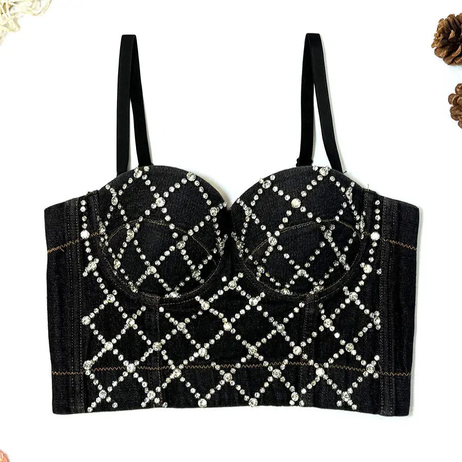 Wholesale women's custom diamond denim corset rhinestone corset cropped denim camisole top