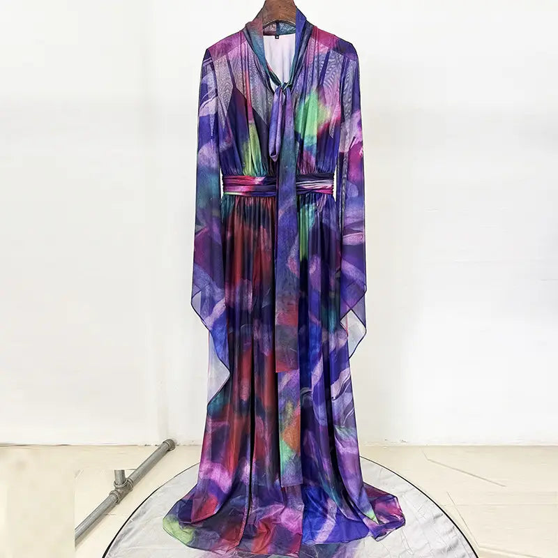 2025 luxury women's brand dress manufacturers abstract print long flowing summer vacation dress for women