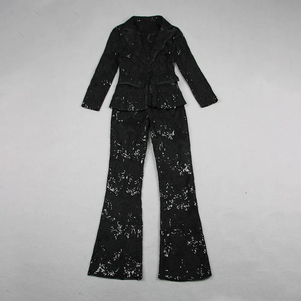 Sexy ladies suits office wear formal sequin lace translucent ladies elegant tuxedo suit two piece suit