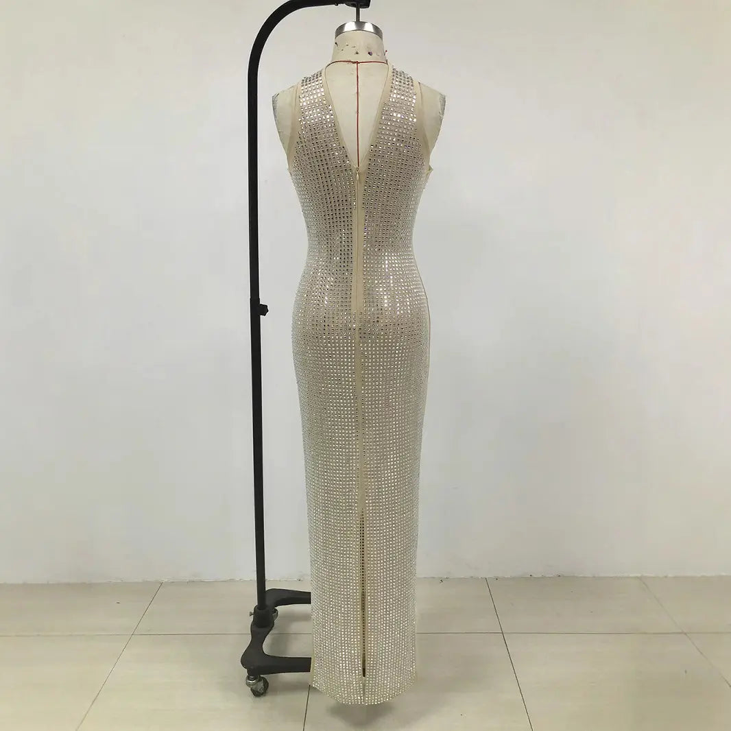 Custom made factory low MOQ custom elegant women's hot diamond rhinestone camisole luxury party dress long evening gown