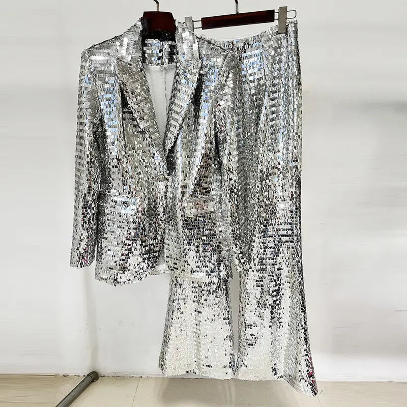 2025 New Fashion High-End Quality Women's Sports Jacket Mesh Silver Sequin Trousers Set Two-Piece Women's Sports Jacket Suit