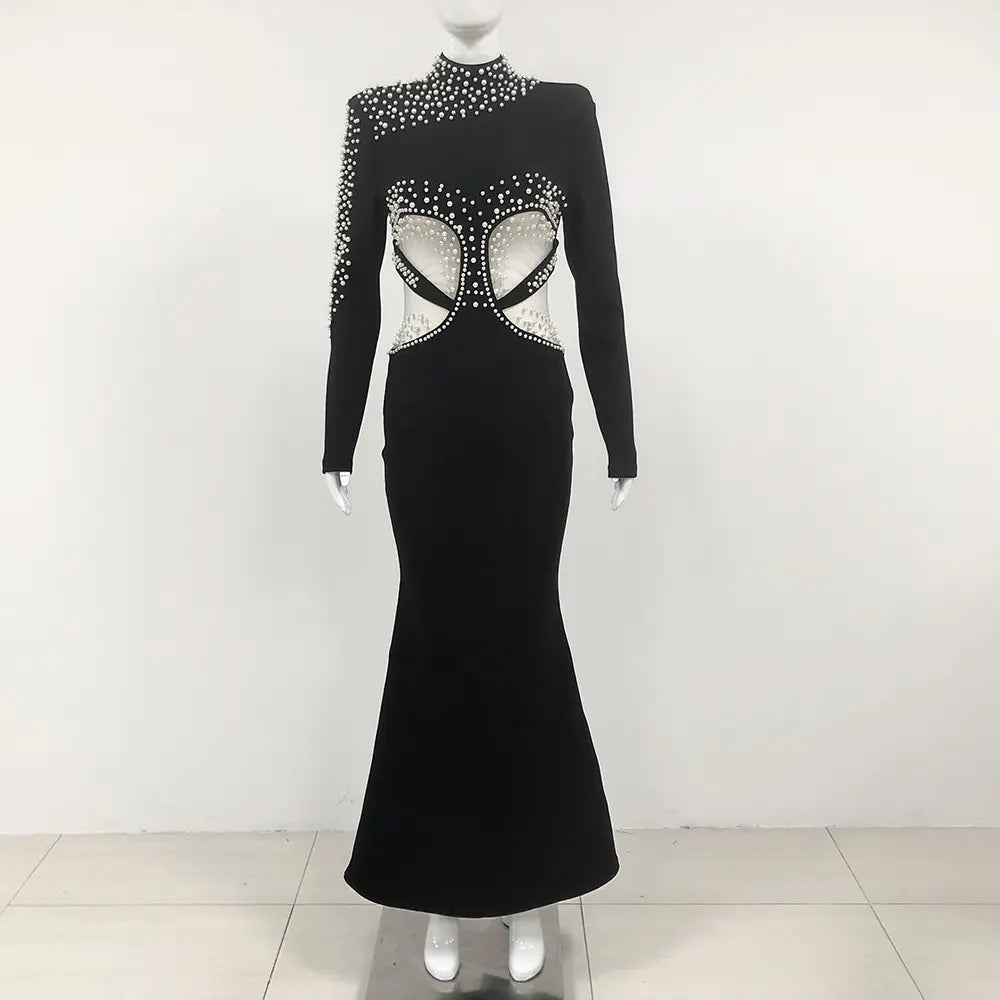Luxury women designer bandage dress designer women party black dress elegant pearl evening dress