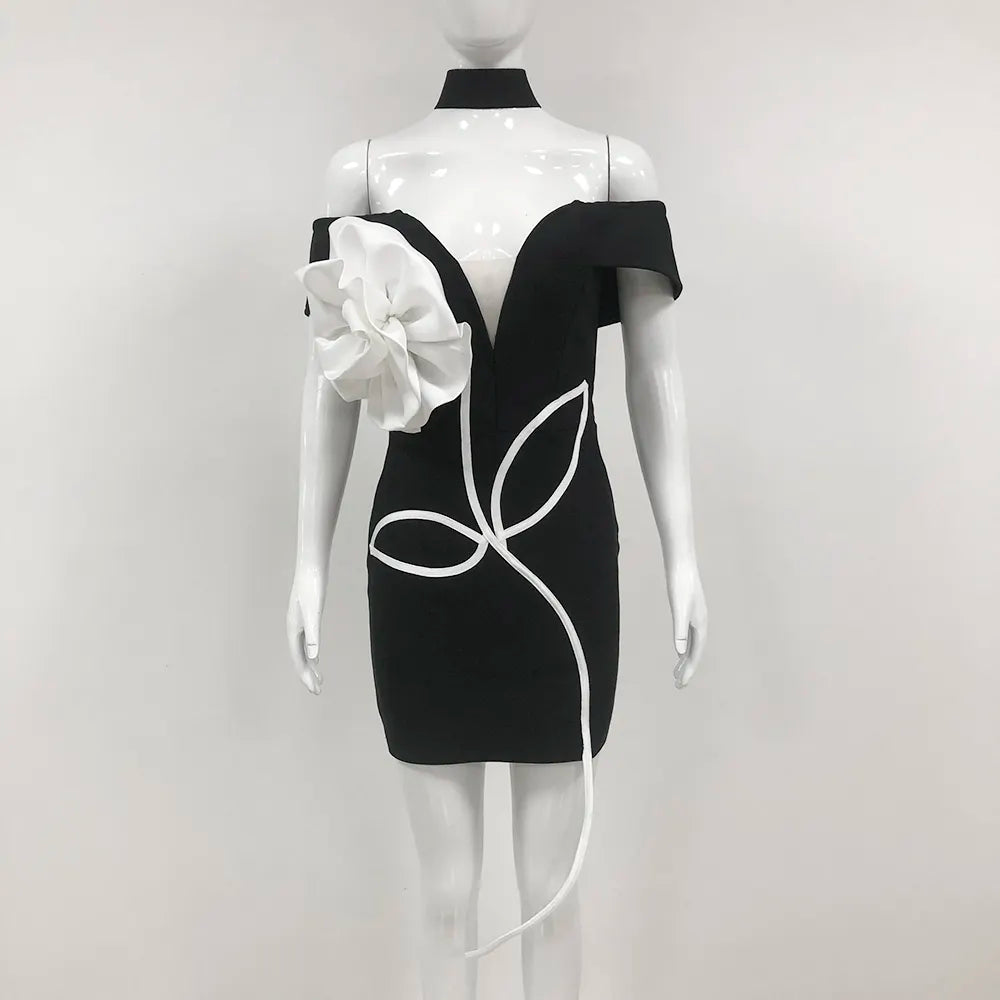 Wholesale Elegant Women Luxury Black Mini Bandage Evening Gown Short Party Wear Chic Big Flower Dress